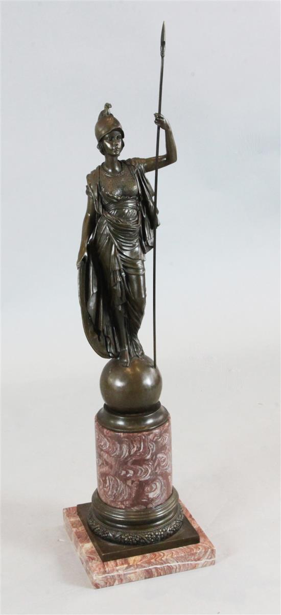 A bronze figure of Britannia standing holding a spear and shield, height 29.5in.